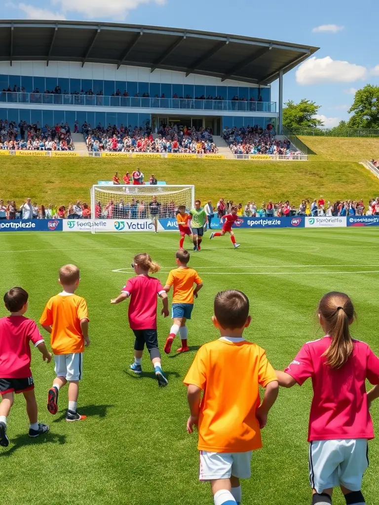 A lively image of a youth soccer tournament organized by RED WOLF 23, featuring children playing soccer with supportive parents cheering from the sidelines.