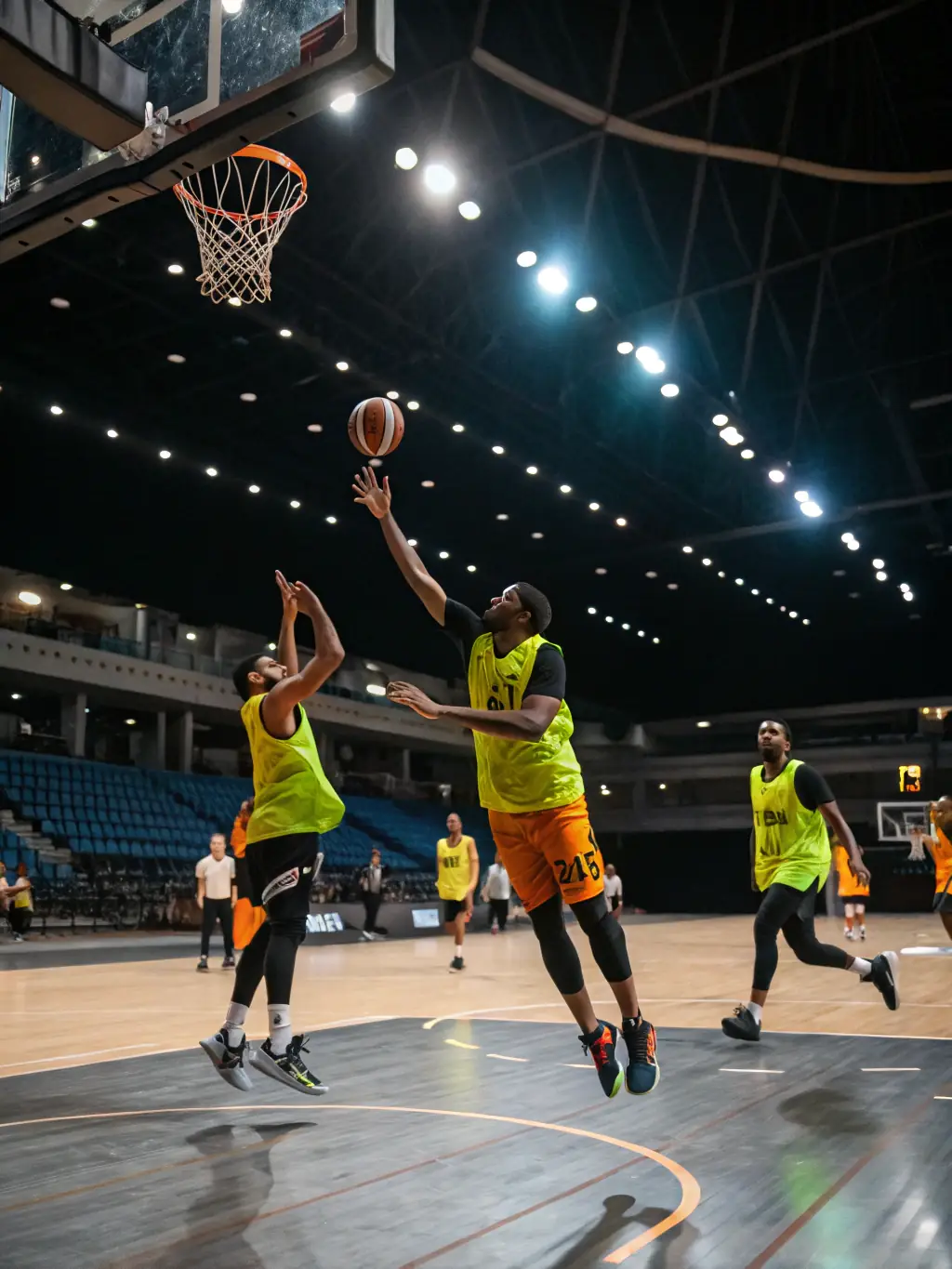An action shot of adults playing in a recreational basketball league game, emphasizing fitness, competition, and camaraderie in a well-lit indoor court.