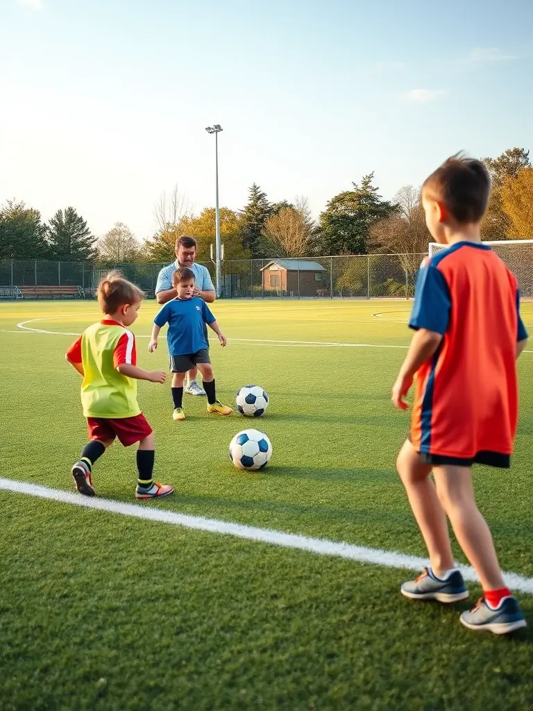 A dynamic image of children participating in a soccer clinic, showcasing skill-building and teamwork, set against a backdrop of a sunny sports field.