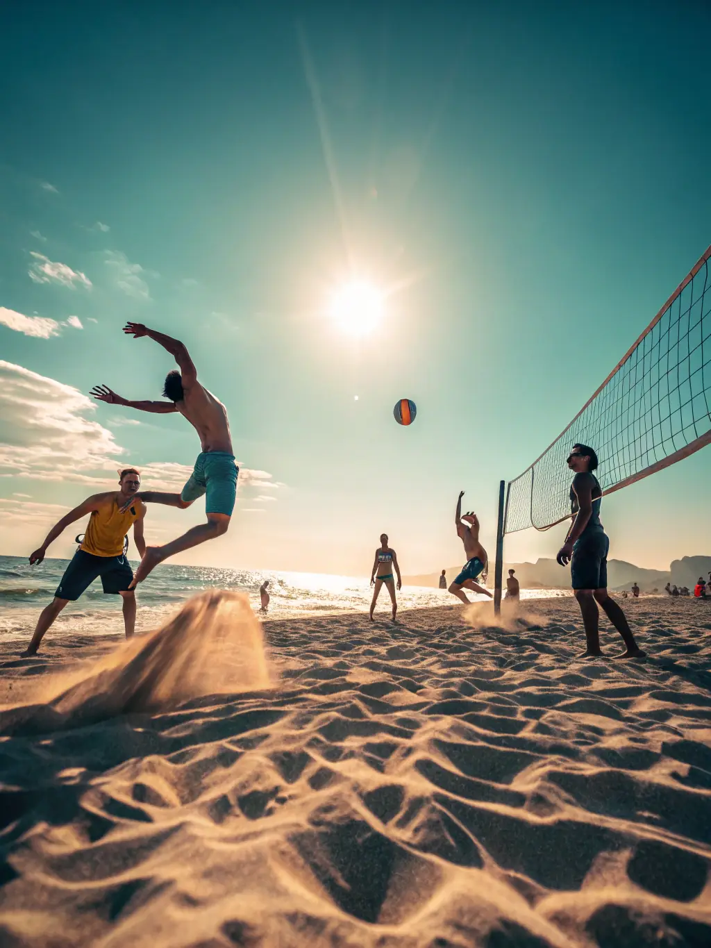A diverse group of individuals participating in a community volleyball tournament, highlighting inclusivity, teamwork, and the joy of playing sports together in a park.