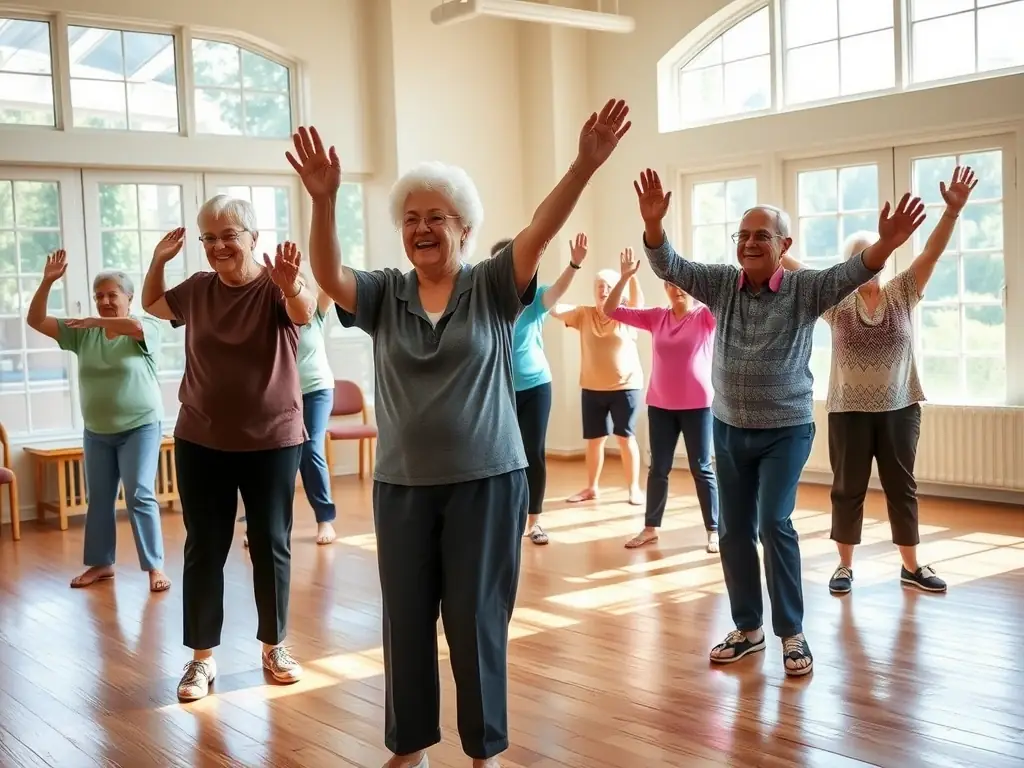 A group of seniors participating in a gentle exercise class in a community center, led by a RED WOLF 23 instructor. The setting is comfortable and supportive.